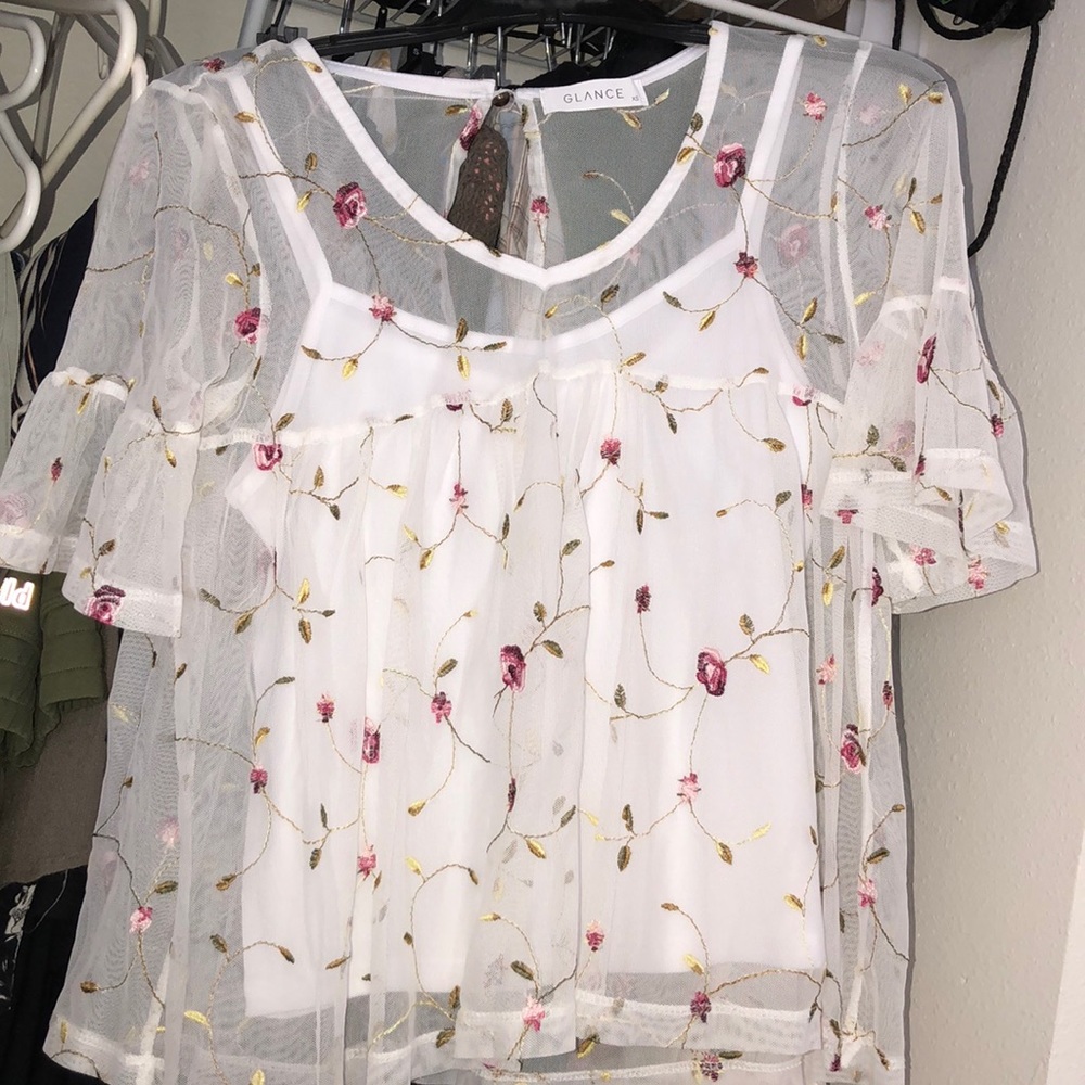 White mesh floral top with tank top attached in